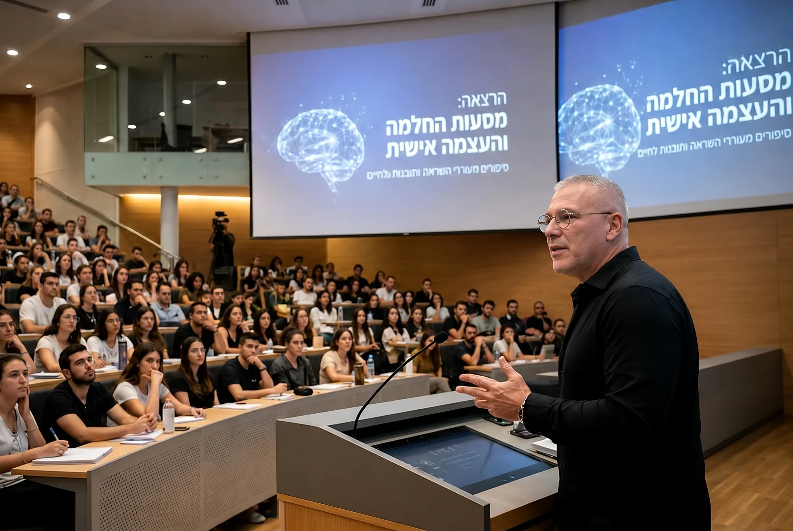ליאור רוזנטל מרצה על במה עם מיקרופון